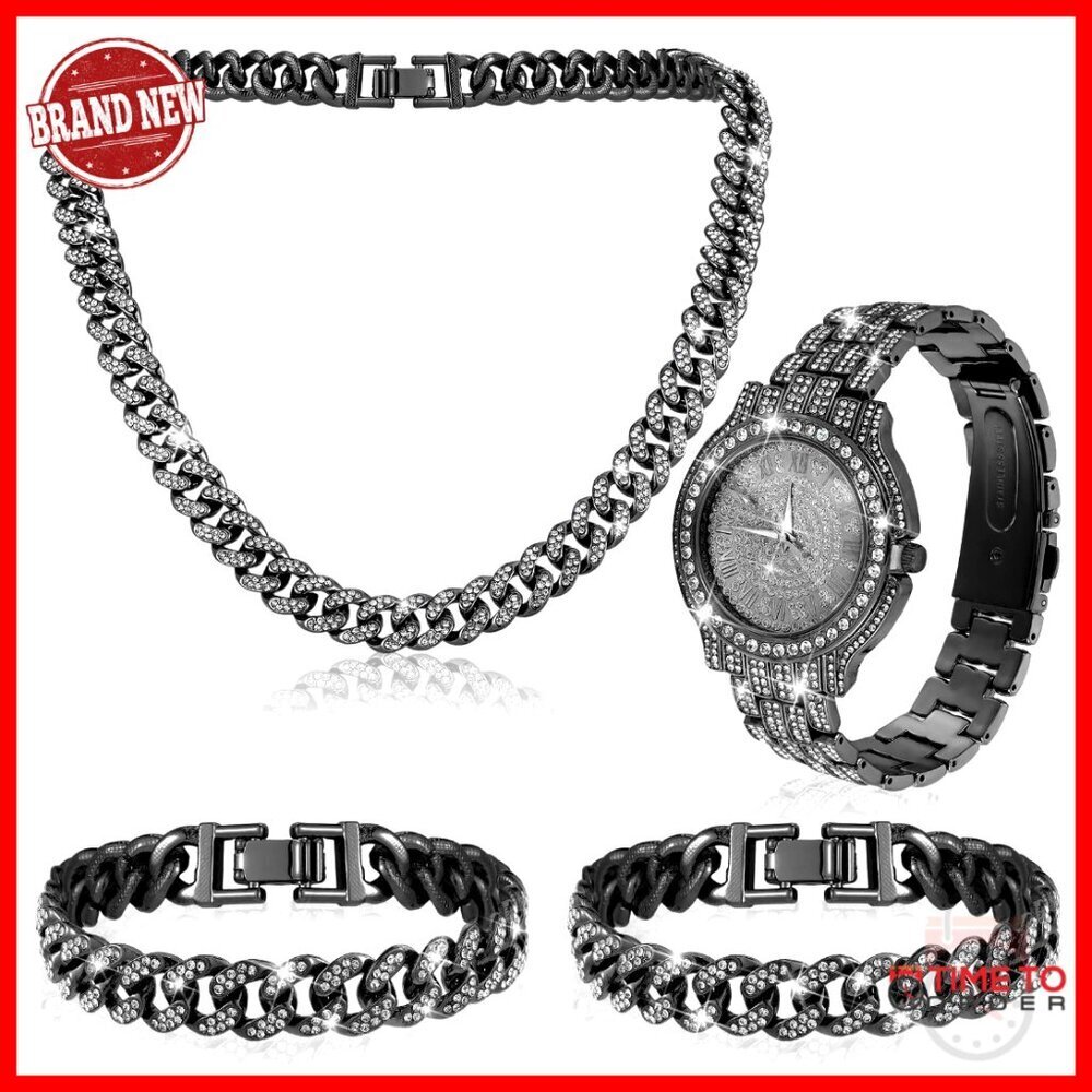 Men's Hip Hop Jewelry Set with Watch, Necklace, Bracelets, Rhinestone Bling